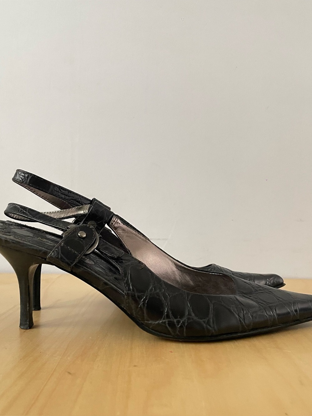 Nine West Studio black crocodile-embossed slingback pumps | US 8